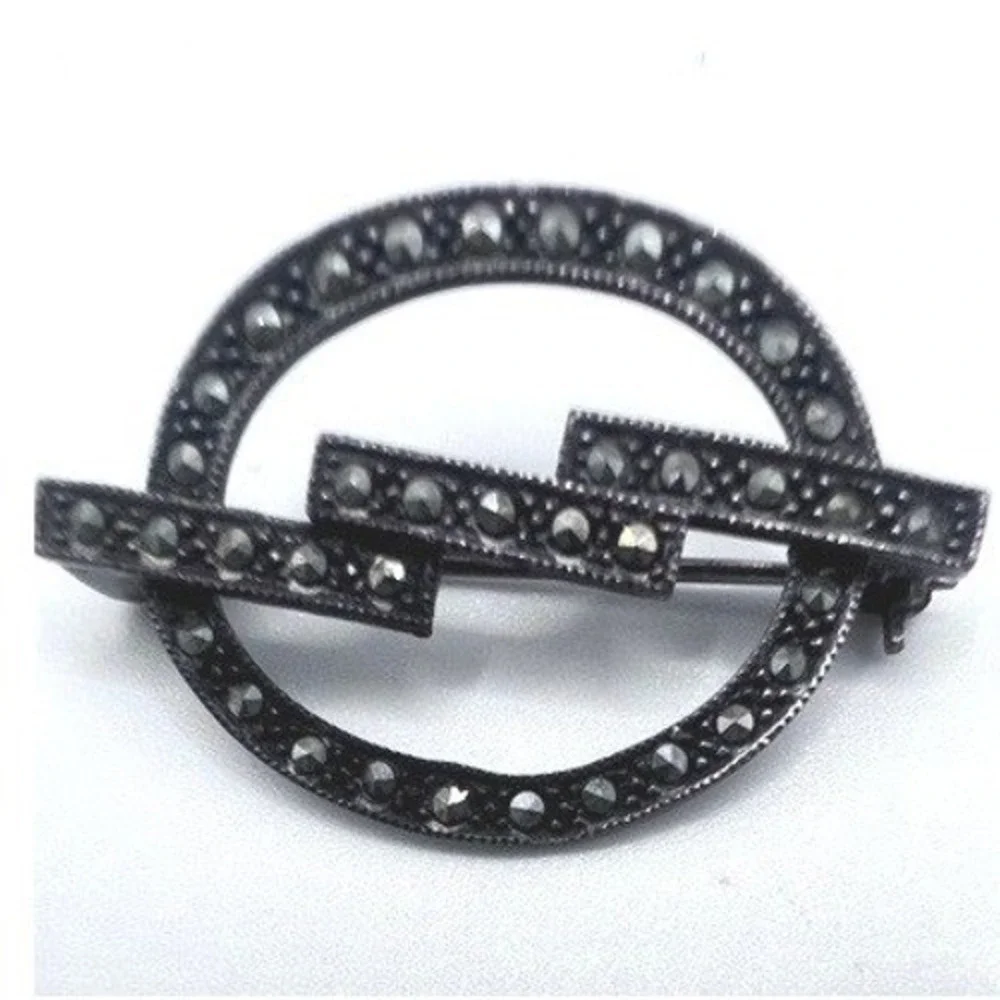 Art Deco Sterling Silver Marcasite Brooch Oxidized 1.5 X‎ 1